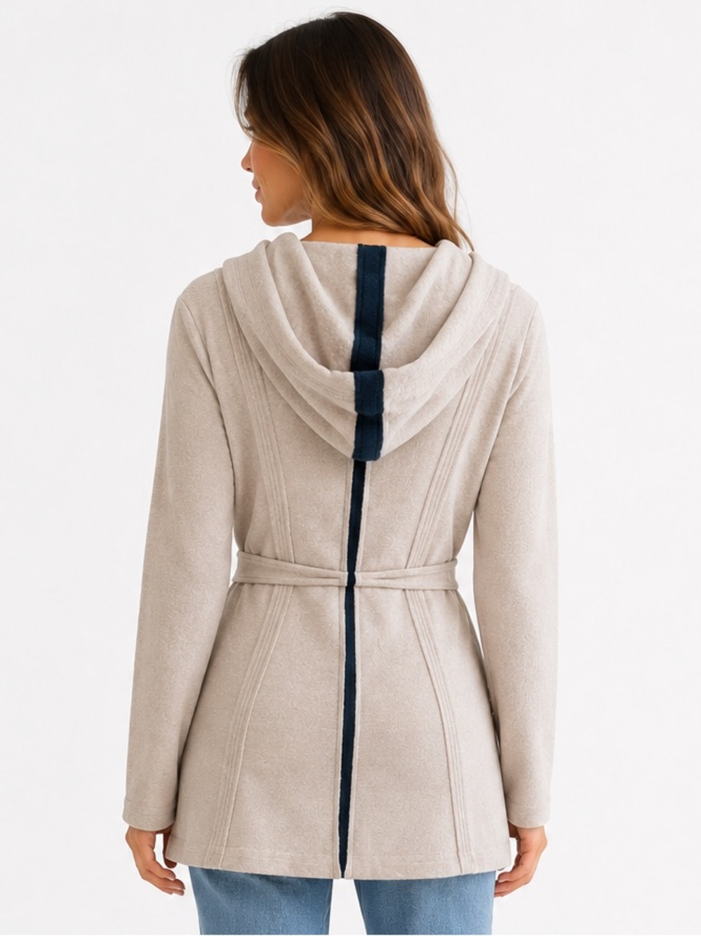 Anthropologie Size S Light Gray Hooded Belted Cardigan Dark Teal Trim 100% Wool
